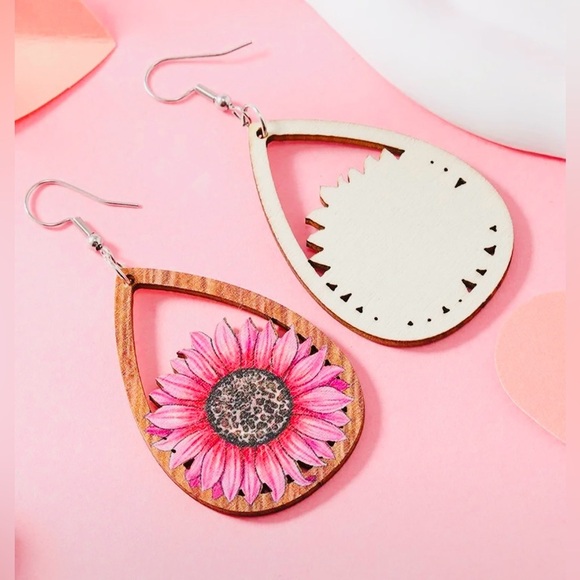 Pink Sunflower Wooden Drop Earrings - Picture 2 of 5